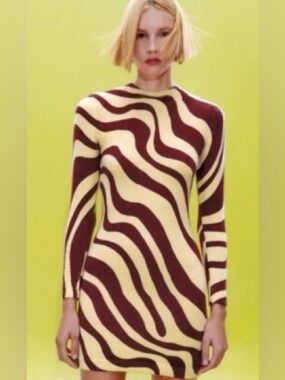 ZARA Small Zebra Print Jacquard Wool Blend Knit Bodycon Mini Sweater Dress NWOT